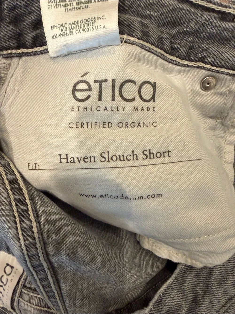 Etica Haven Slouch Short in Faded Grey with Raw Hem and Button Fly